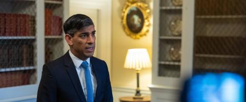 London, United Kingdom. The Prime Minister Rishi Sunak reacts to inflation figures in an interview with the media in 10 Downing Street. Picture by Simon Walker / No 10 Downing Street